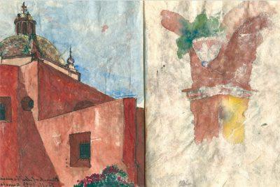 Watercolor drawing from a two-page spread of a notebook depicting an exterior coroner and arch of a stone building.